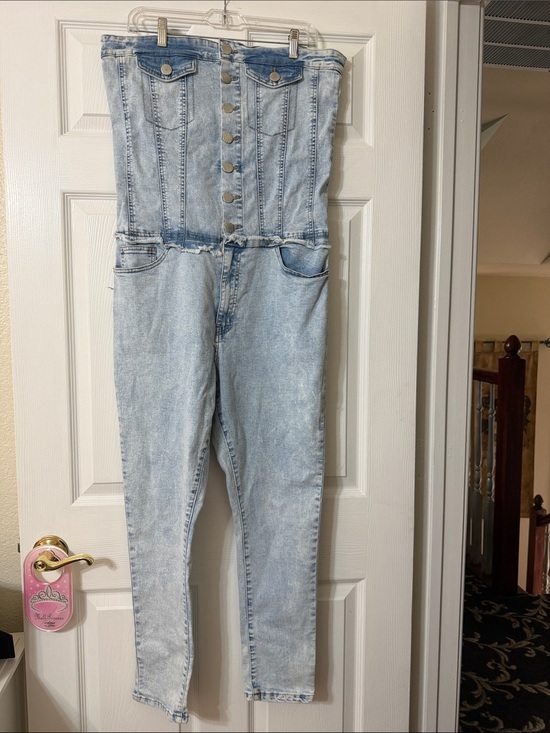 Pants - Upcycled Strapless High-Waist Light Wash Denim Jumpsuit Jeans